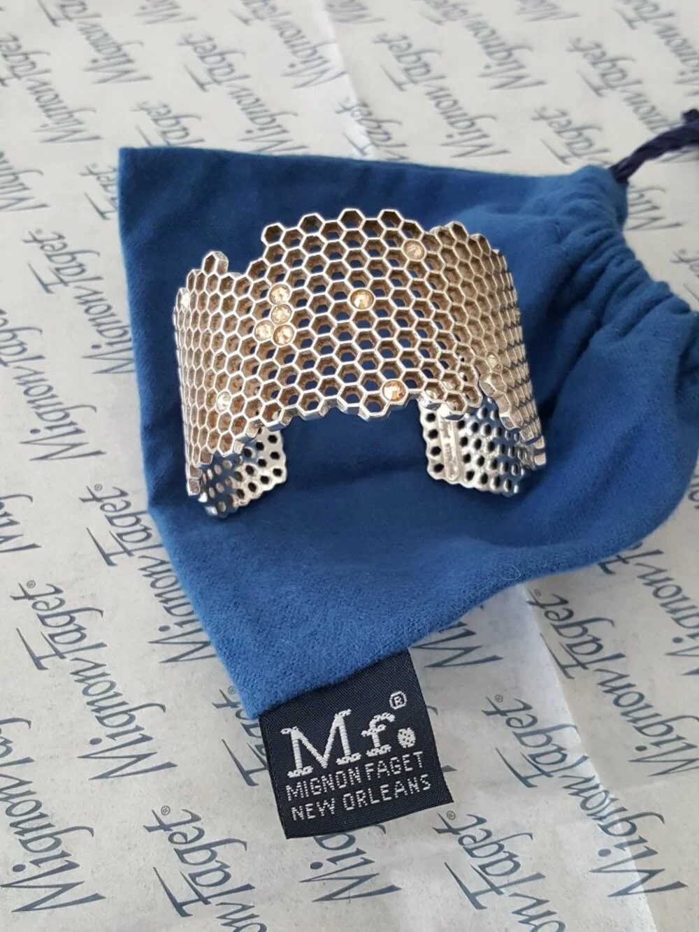 RARE Mignon Faget Hive Jeweled Wide Open Cuff Bracelet 925 Sterling Silver - Picture 6 of 14